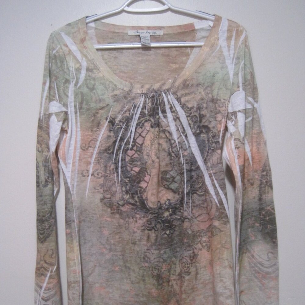 American Rag Cie Women's Large Top Green Tan Graphic Pullover Long Sleeve Shirt
